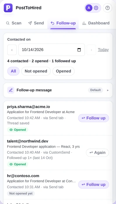 PostToHired follow-up tab showing which recruiters opened your email